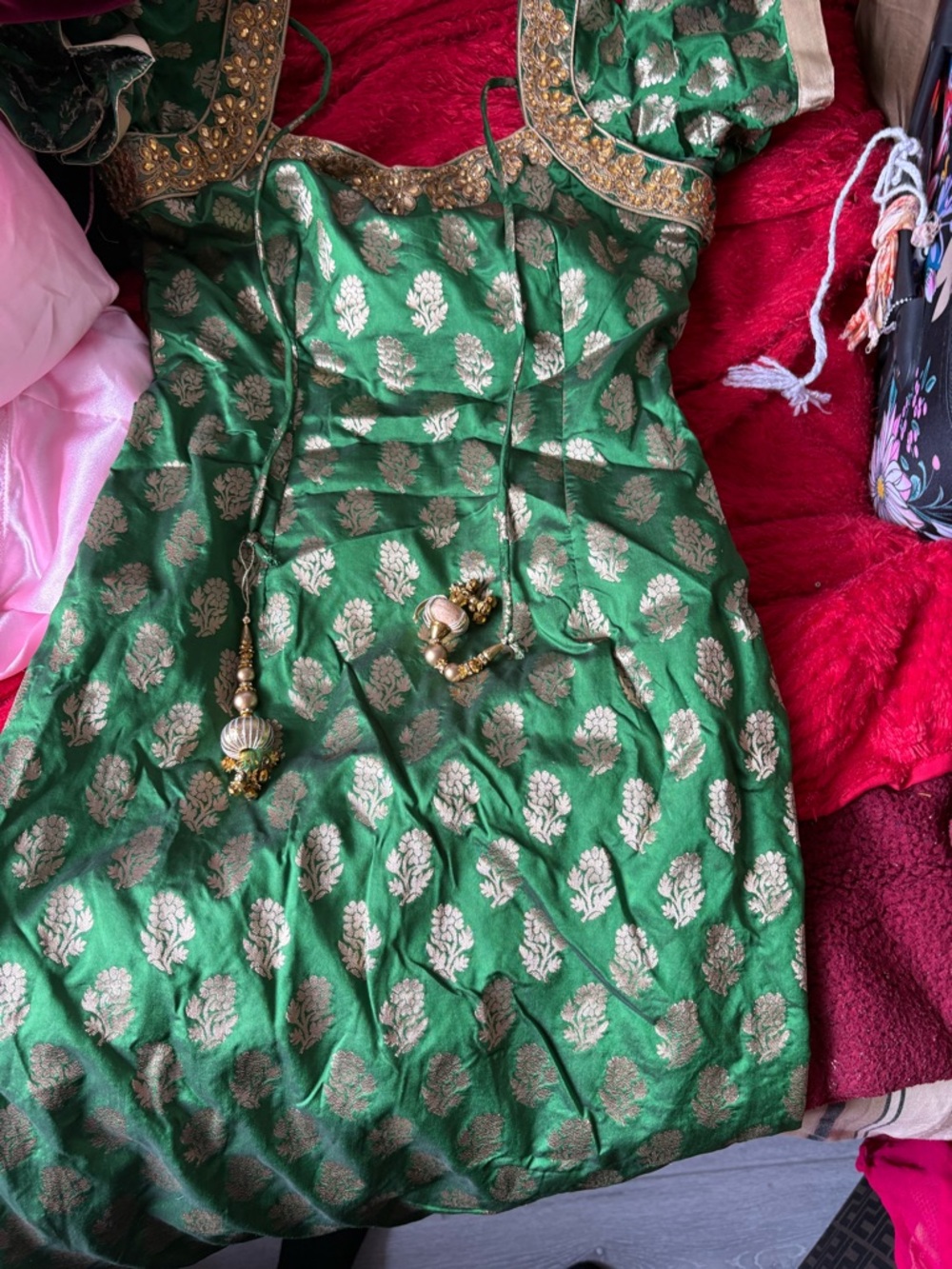 Green and Gold Brocade Indian Dress with Tassel Detail, comes with the pants